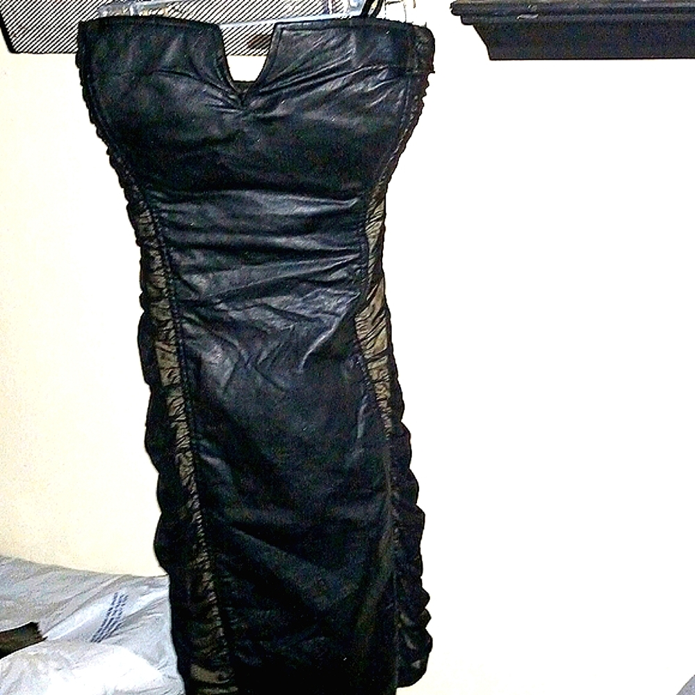 BeBe-FAUX LEATHER, STRAPLESS V-notched center w/RUFFLES- DOWN-SIDES, SIDE-ZIP